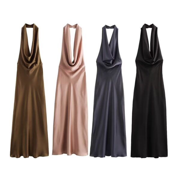 New Silk Satin Texture Sexy Backless Halter Dress