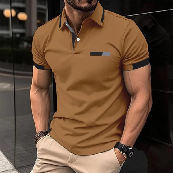 Men's Casual Polo Shirt Chest Faux Pocket Lapel Button Business T-shirt - Image 3