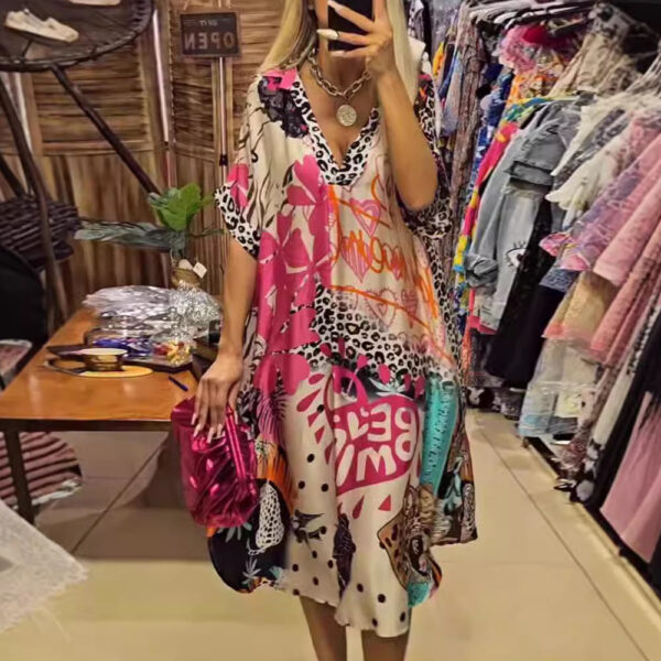 Color Printing Deep V Dress Women