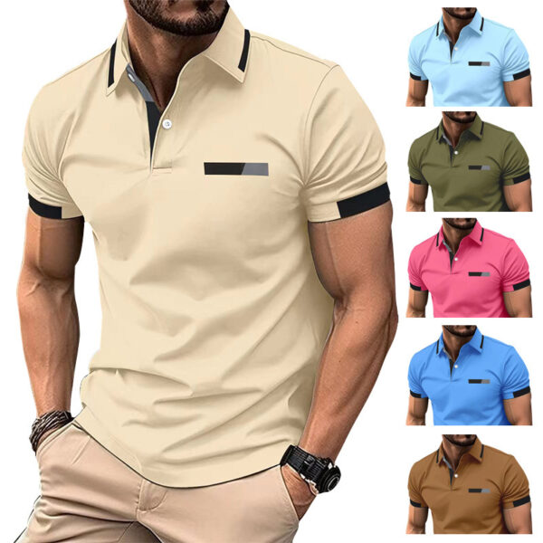 Men's Casual Polo Shirt Chest Faux Pocket Lapel Button Business T-shirt