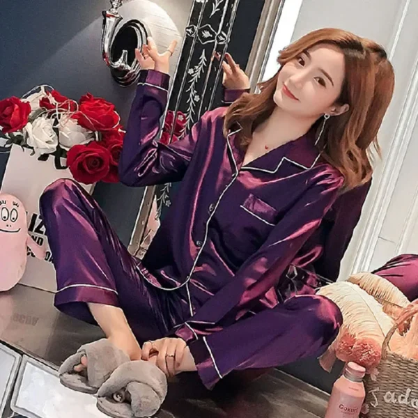 Plus Size Autumn and Winter Silk Pajamas Women Tops and Pants Solid Casual Soft Nightwear Buttons Cardigan Sleepwear Homewear