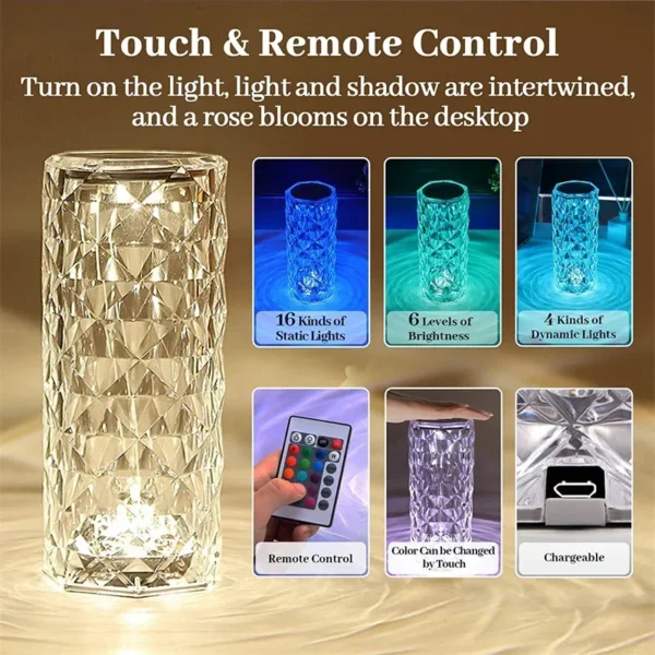 3/16 Colour LED Crystal Table Lamp Rechargeable Touch Rose Romantic Night Lamp Bedroom Bedside Lamp Decoration Living Room Bar - Image 4